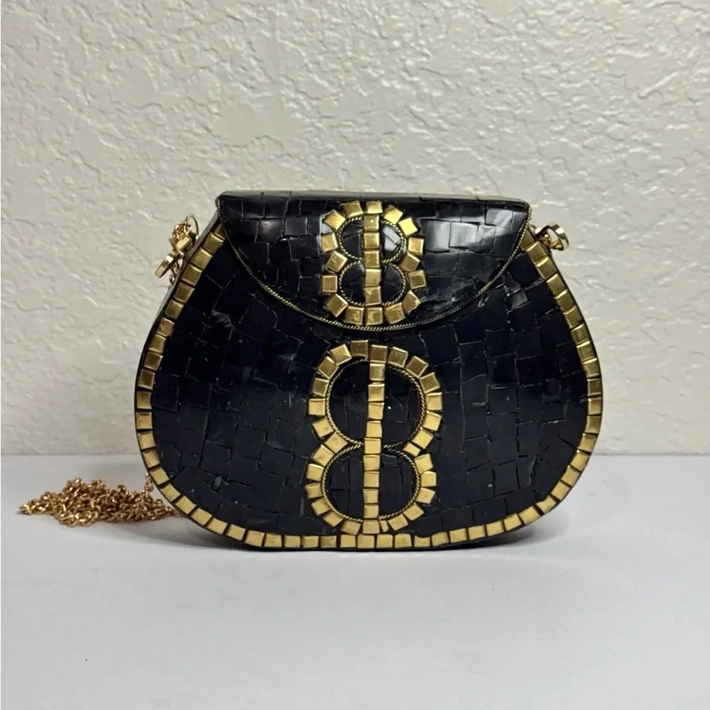 Ramla Porte-Moi Mosaic Stone Crossbody Bag Black and Gold